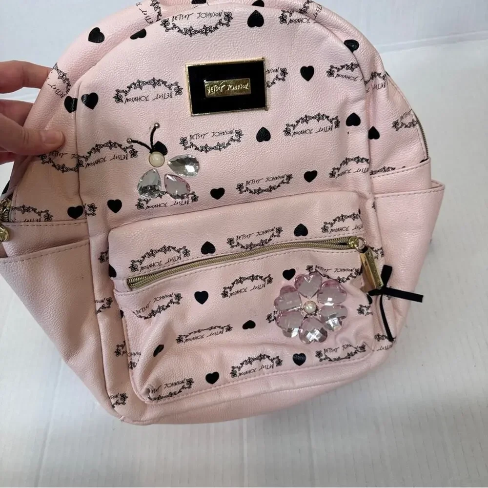 Betsey Johnson Pink Black Rhinestone Backpack Women’s Bee Bag